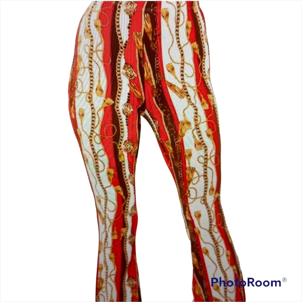 Red Chain Print Bell Bottom Pants - Picture 4 of 6